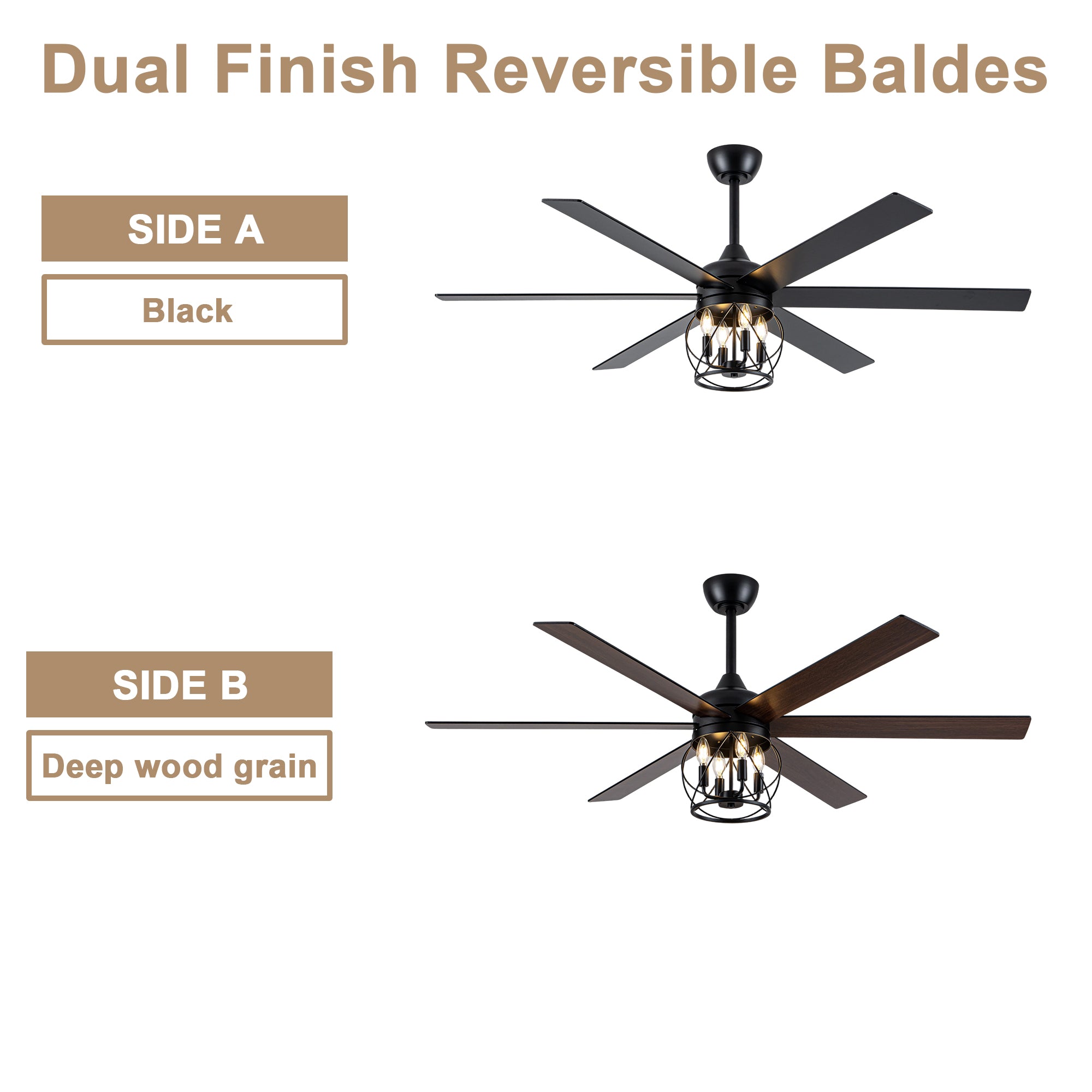 Industrial 60 Inch Caged Ceiling Fan with Light 6 Wood Blades Reversible Quiet DC Motor Ceiling Fan 3 Downrods with Remote Control Ceiling Fan Suit for Living Room, Bedroom