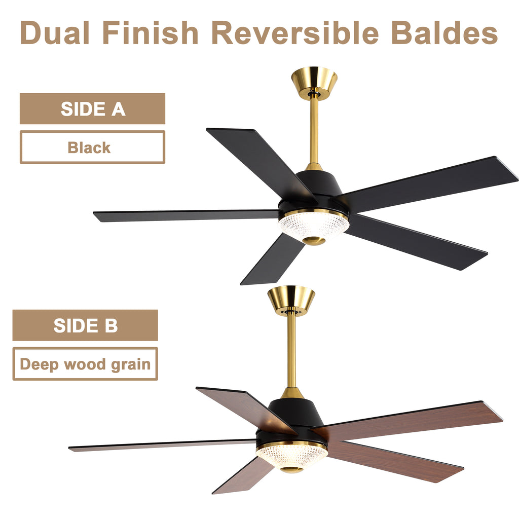 52 Inch Black and Gold Modern Ceiling Fan with LED Light and Remote Control, 6 Speeds DC Motor 5-Blade Reversible Ceiling Fan for Living Room