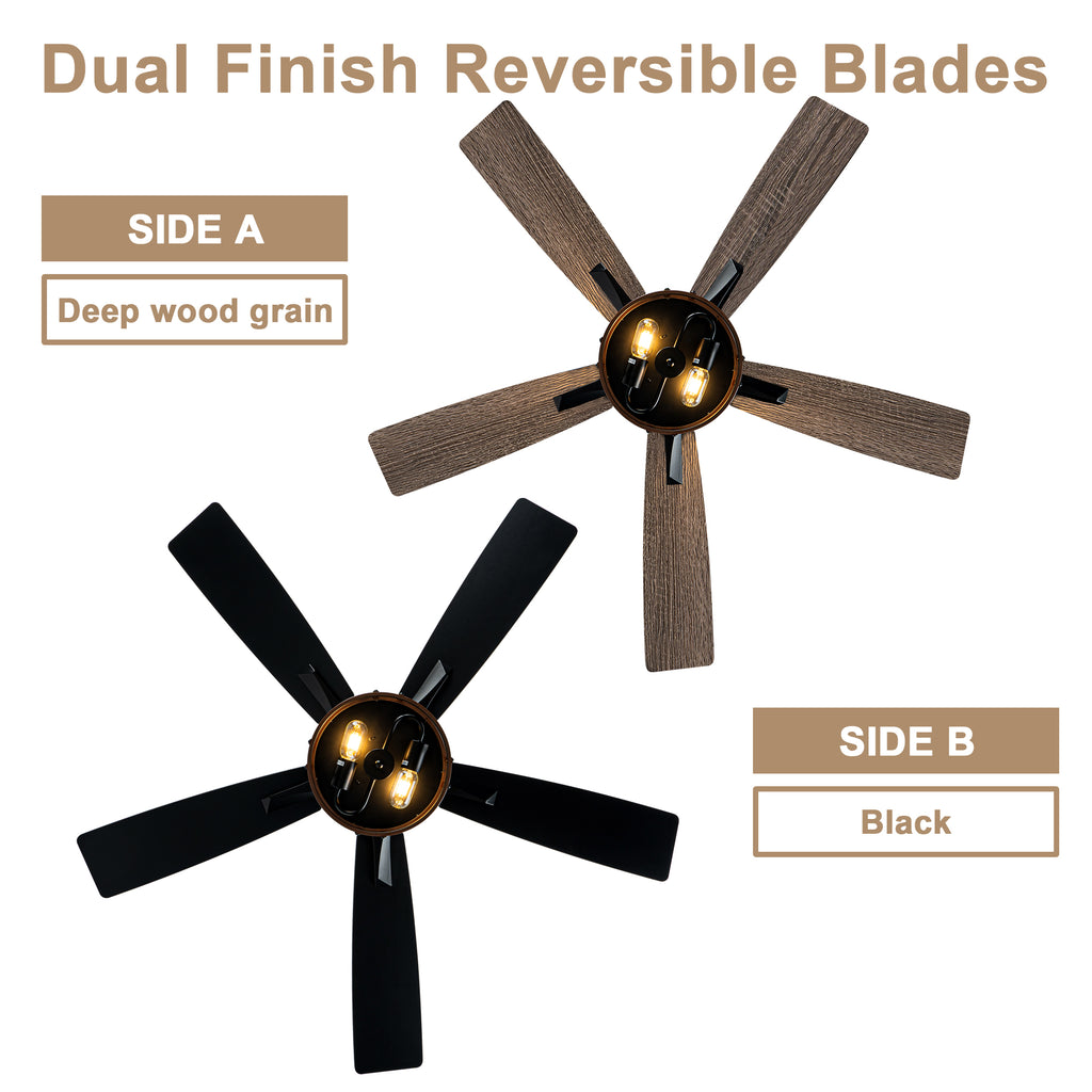 52 Inch Black Farmhouse Ceiling Fan with Lights and Remote Control,6 Speeds Dual-Finish Blades Caged Ceiling Fan