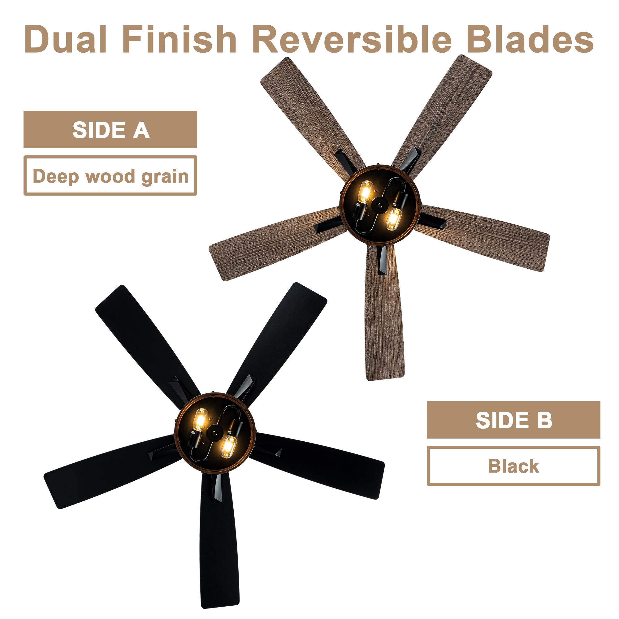 52 Inch Black Farmhouse Ceiling Fan with Lights and Remote Control,6 Speeds Dual-Finish Blades Caged Ceiling Fan