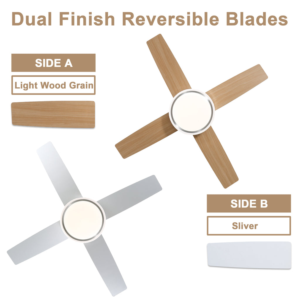 44 Inch Black/Chrome Modern Flush Mount Ceiling Fan with Dimmable LED Lights and Remote, 6 Speeds DC Motor Low Profile Ceiling Fan