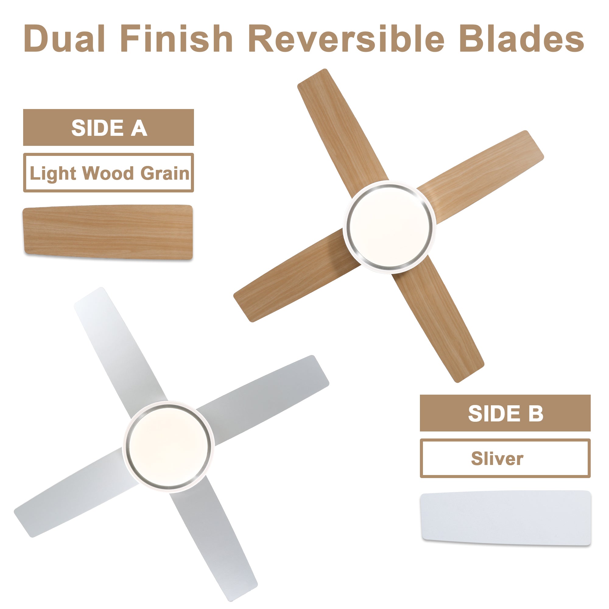 44 Inch Black/Chrome Modern Flush Mount Ceiling Fan with Dimmable LED Lights and Remote, 6 Speeds DC Motor Low Profile Ceiling Fan