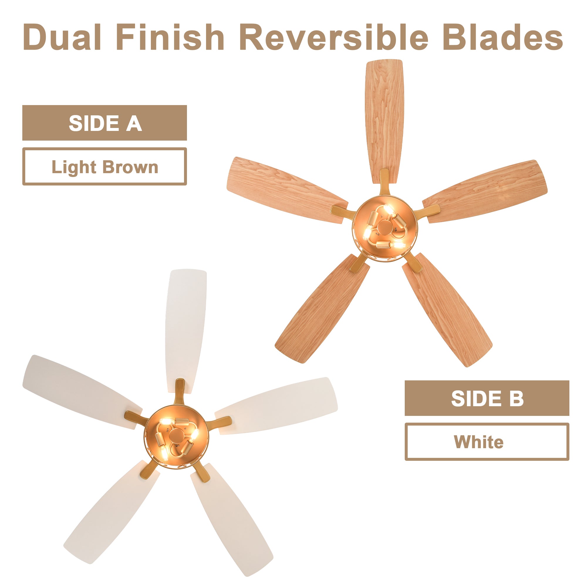 52 Inch Golden Modern Ceiling Fan with Lights and Remote Control, 6 Speeds DC Motor Reversible Ceiling Fan for Living Room