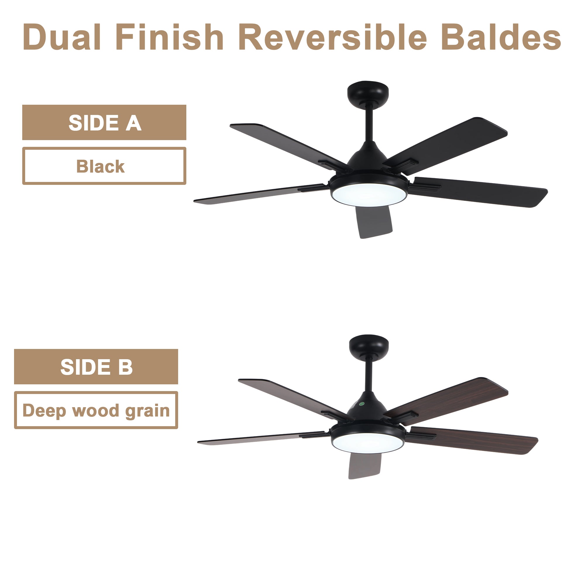 52 Inch Black Modern Ceiling Fan with LED Light, 6-Speed Reversible DC Motor, 5 Dual-Finish Wood Blades, Remote Control, Adjustable Height