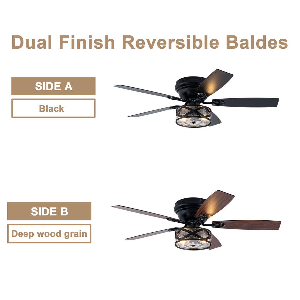 Farmhouse 52 Inch Caged  Flush Mount Ceiling Fan with Light Quiet Reversible DC Motor with 5 Fan Blades Ceiling Fan with Light Remote Control Adjustable 6 Speed Ceiling Fan with Light Suit for Bedrooms, Living Rooms, Kitchens