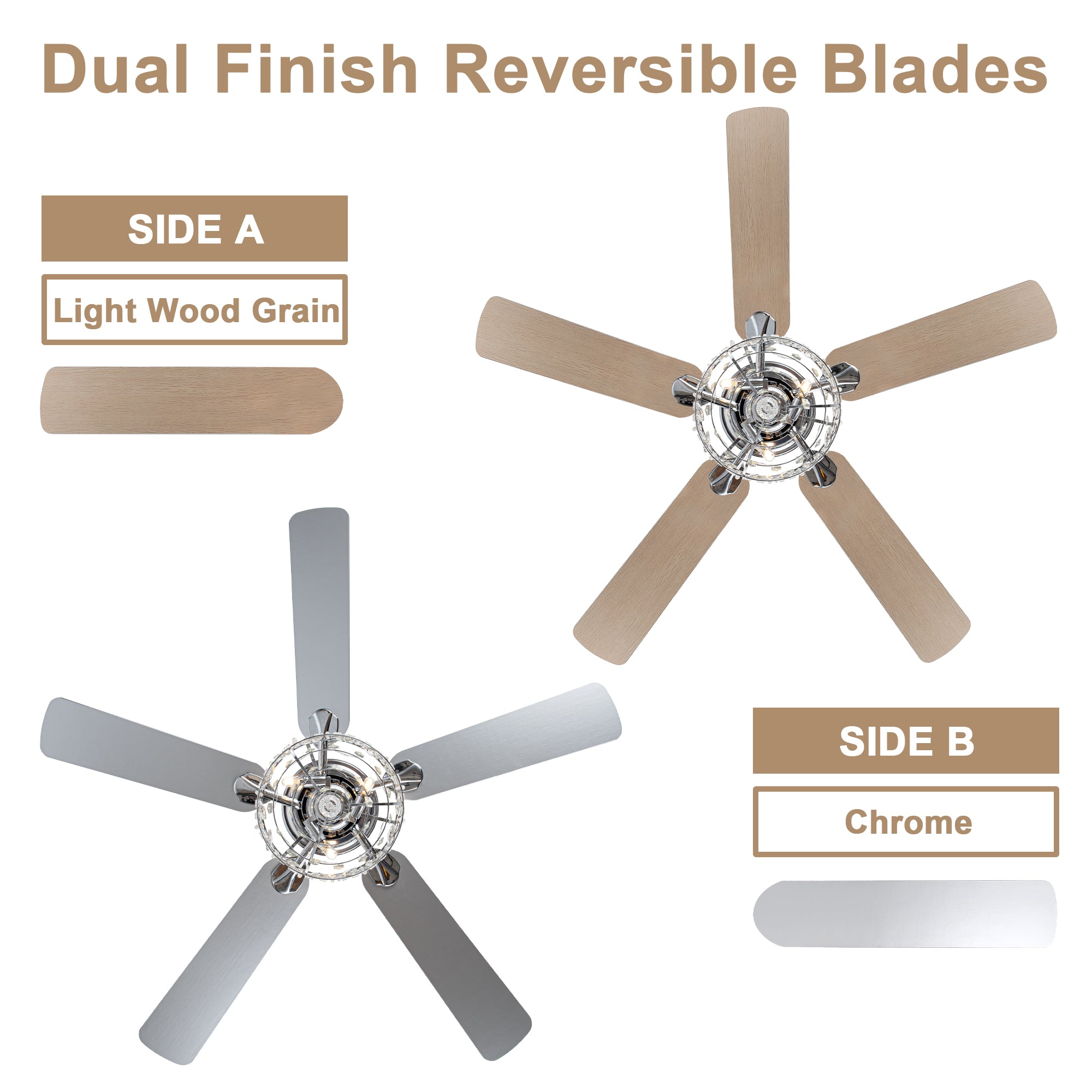 BD2064-BellaDepot 52" Silver Finish Deluxe Crystal Reversible Ceiling Fan with 3 Lights and Remote