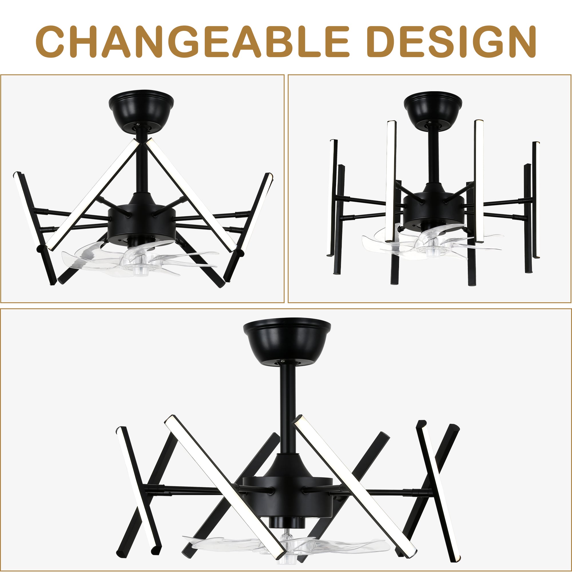 DC2104-BellaDepot 18.11" Black Modern Urban Reversible Ceiling Fan with Remote and LED Light Kit Included, Creative DIY Shape Ceiling Fan