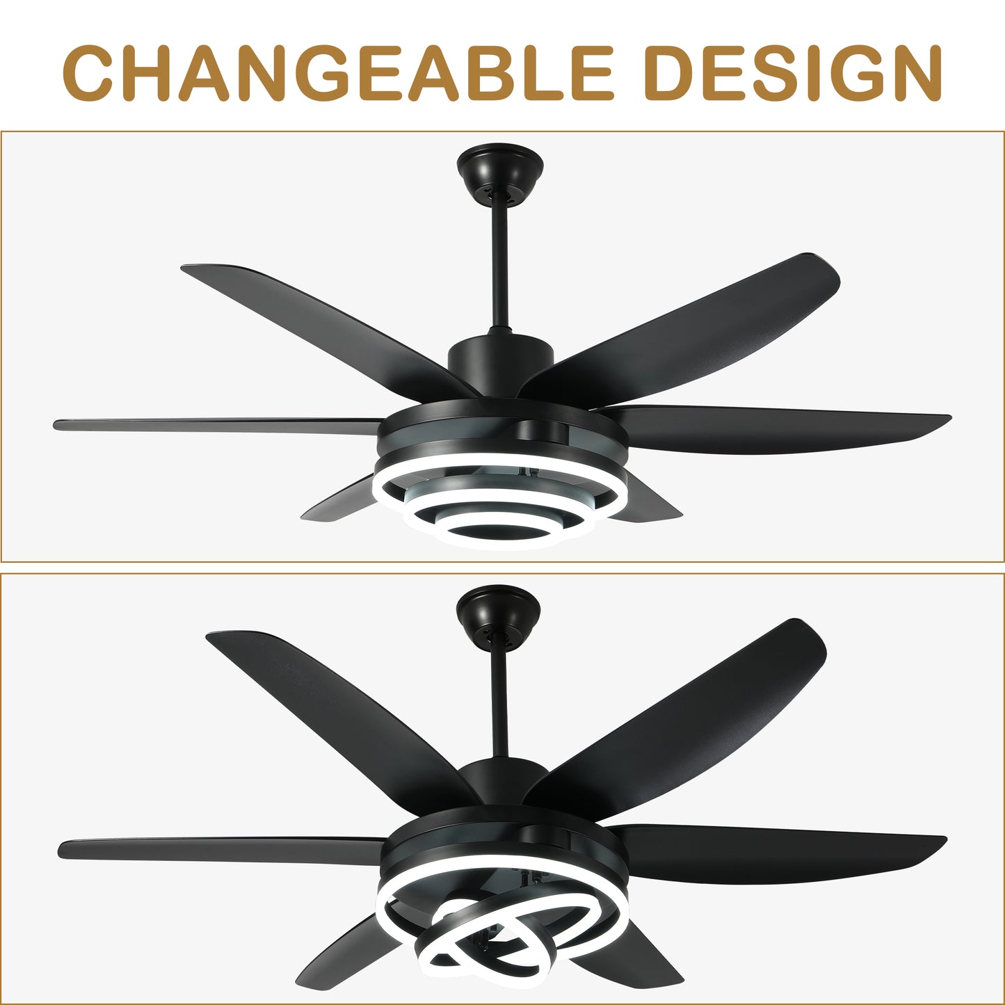 GED5614-BellaDepot 56" Modern Contemporary Black LED Ceiling Fan, 6 Speeds Ceiling Fan with Light Remote Control for All Seasons