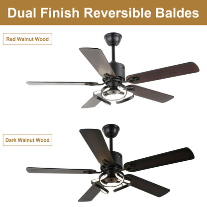 DC5217-52" 5 Wooden Blades Black/Chrome Finish Modern Reversible Ceiling Fan with Remote and Light Kit Included, 6-speed Dimmable Ceiling Fan