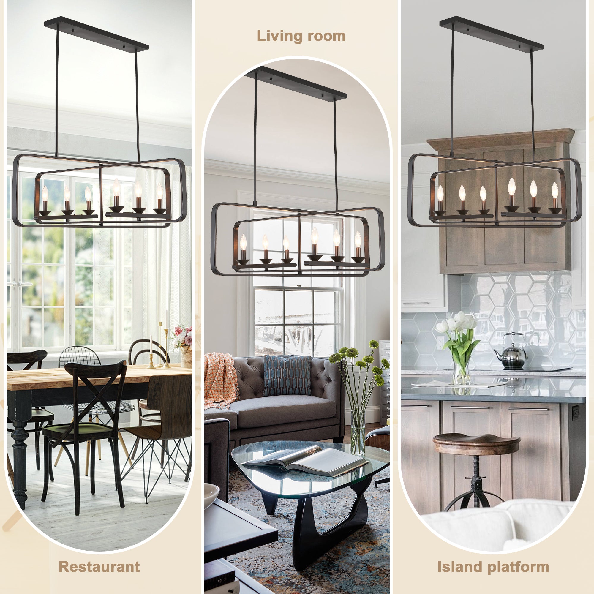 6 - Lights Rectangle Chandelier Dining Room Light Fixture Over Table, Modern Linear Kitchen Island Lighting with DIY Shape