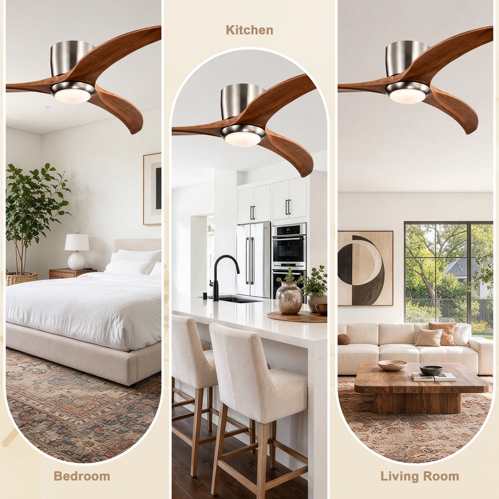 Farmhouse 52 Inch Flush Mount Ceiling Fan with LED Light Quiet DC Motor Ceiling Fan with Light 6-Speed Remote Control Ceiling Fan with Light Suit for Bedrooms, Living Rooms, Kitchens