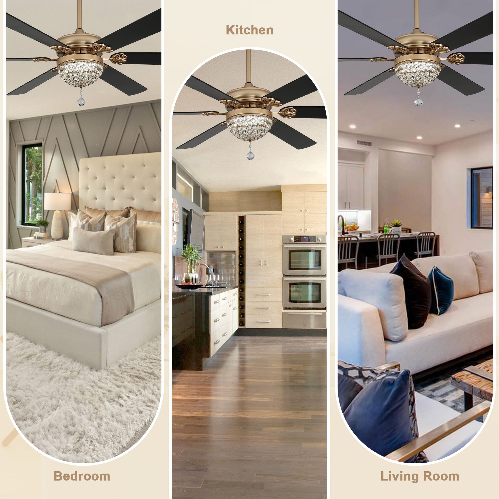 65 Inch Black/Chrome Modern Glam Crystal Ceiling Fan with Dimmable LED Light and Remote, 6 Speeds DC Motor Ceiling Fan with Crystals