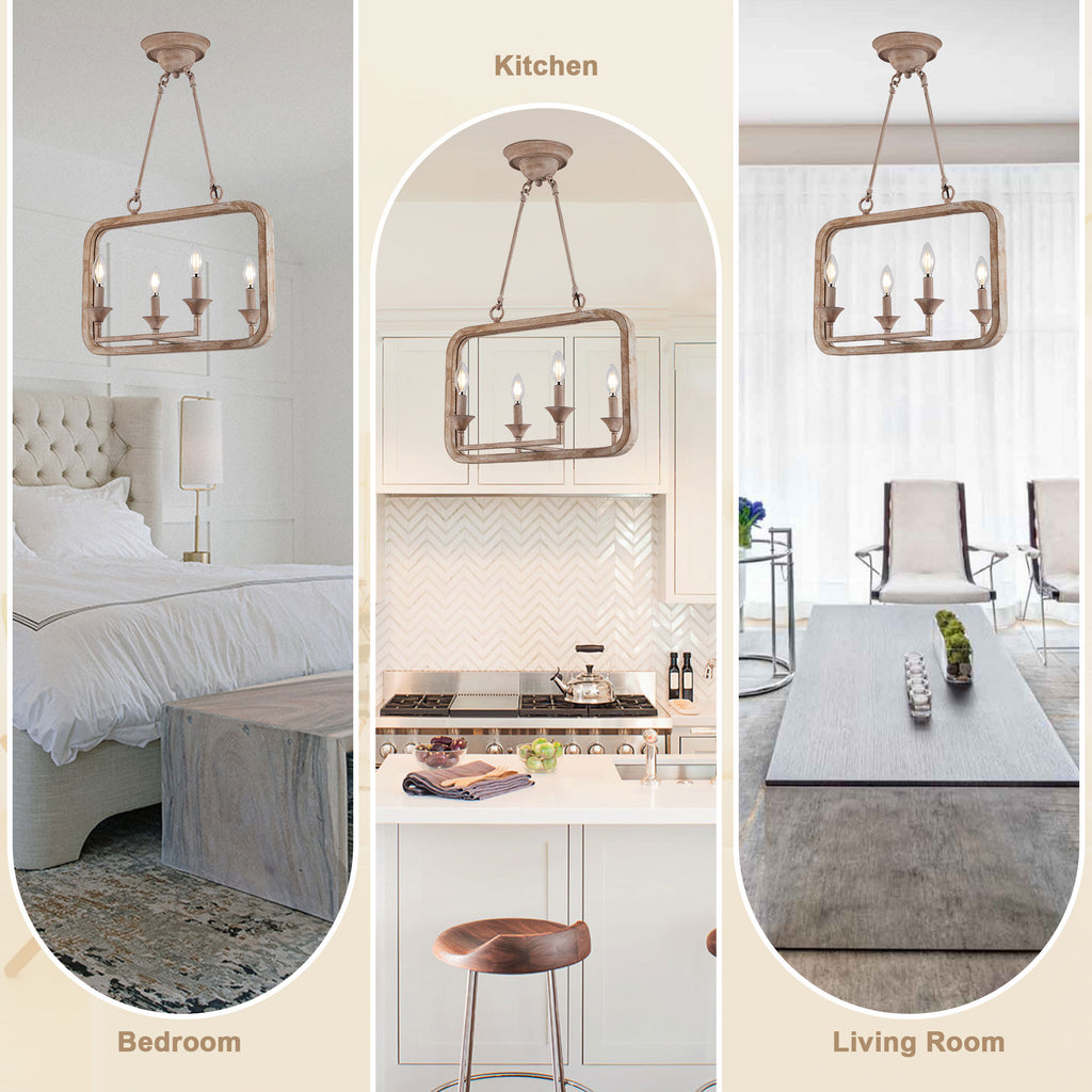 4 - Lights Rustic Distressed Wood Chandelier, 21" Vintage Farmhouse Chandeliers for Dining Room Kitchen Island Lighting