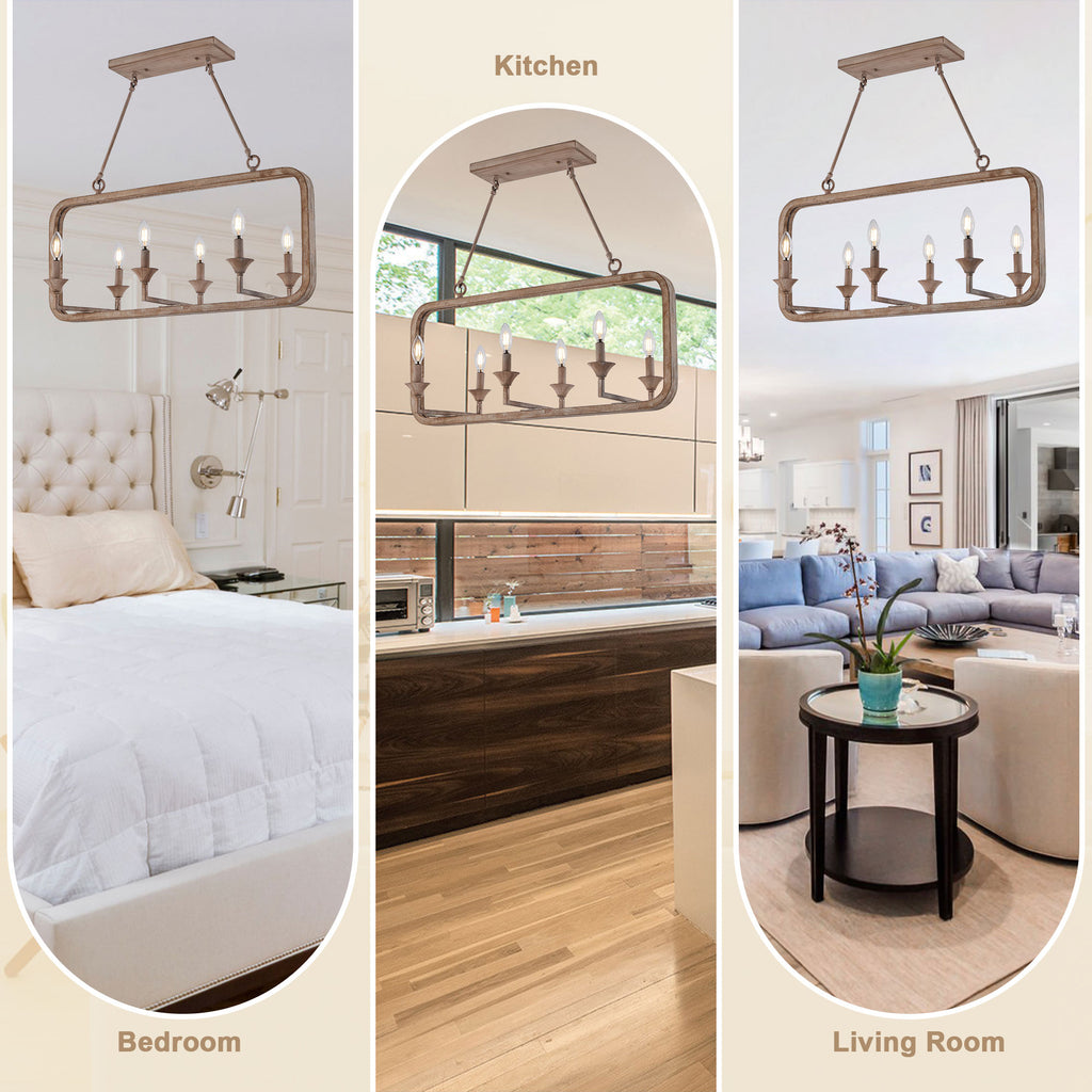 6 - Lights Rustic Distressed Wood Chandelier, Vintage Farmhouse Chandeliers for Dining Room Kitchen Island Lighting