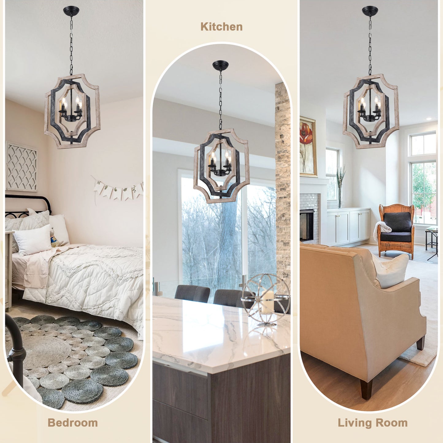 FC4070-16.9" Small Size Wooden Chandelier with Adjustable Chain, 4 Light, for Home Decor