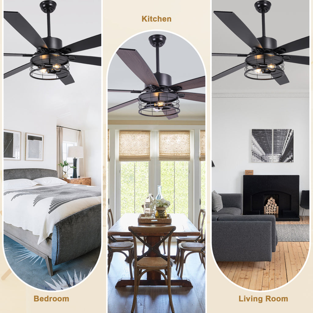 65 Inch Black Modern Industrial Ceiling Fan with Lights and Remote Control,6 Speeds Reversible Ceiling Fan for Large Rooms