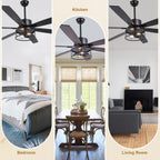 65 Inch Black Modern Industrial Ceiling Fan with Lights and Remote Control,6 Speeds Reversible Ceiling Fan for Large Rooms