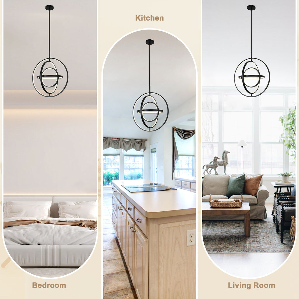 19.7 Inch Modern Round LED Chandelier with DIY Shade, Black Industrial Pendant Light Height Adjustable