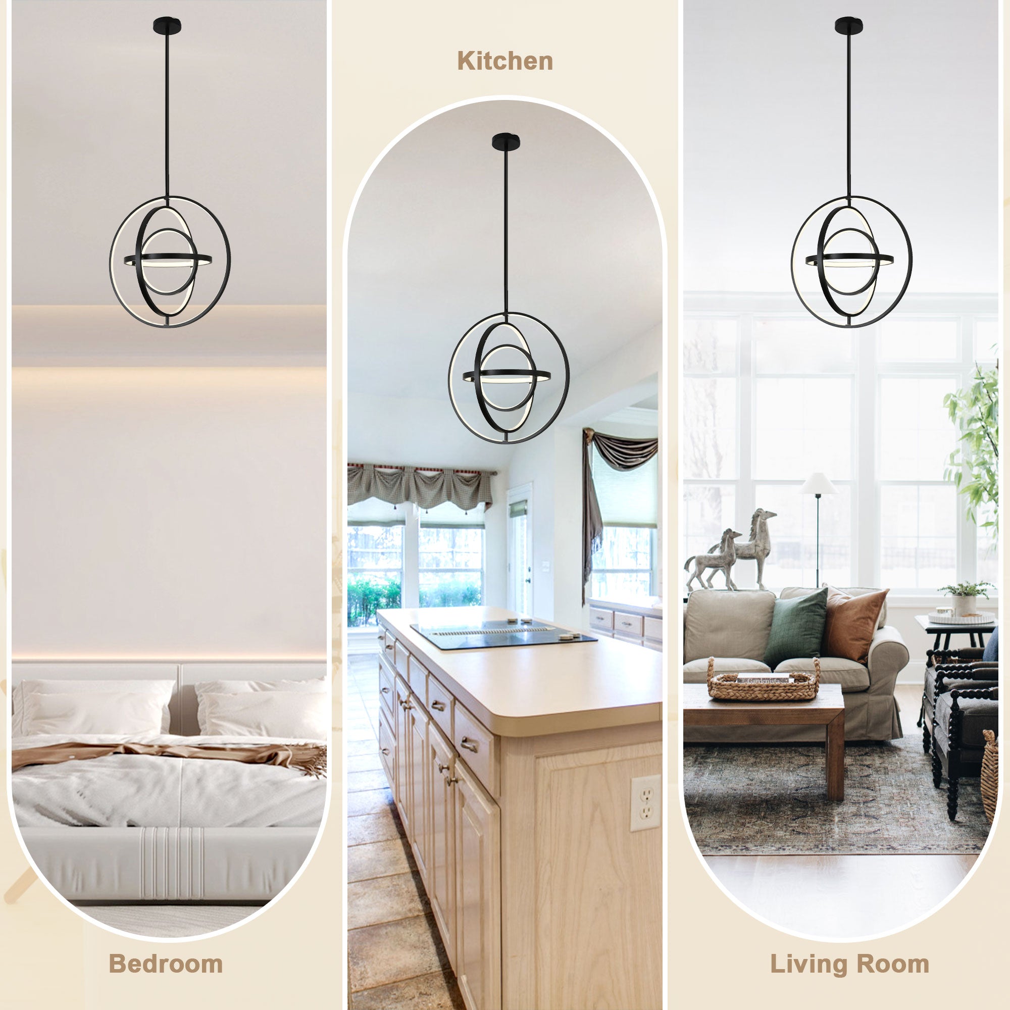 19.7 Inch Modern Round LED Chandelier with DIY Shade, Black Industrial Pendant Light Height Adjustable