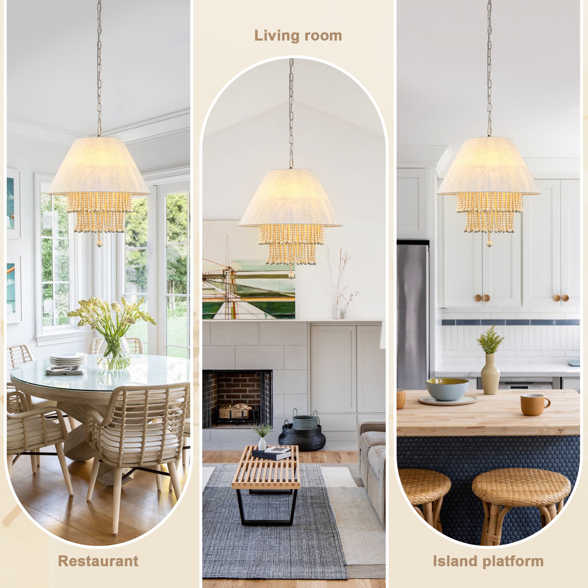 3 - Lights Bohemian Drum Chandelier with Wood Beaded Shade, Fabric Chandelier for Dining Room Living Room