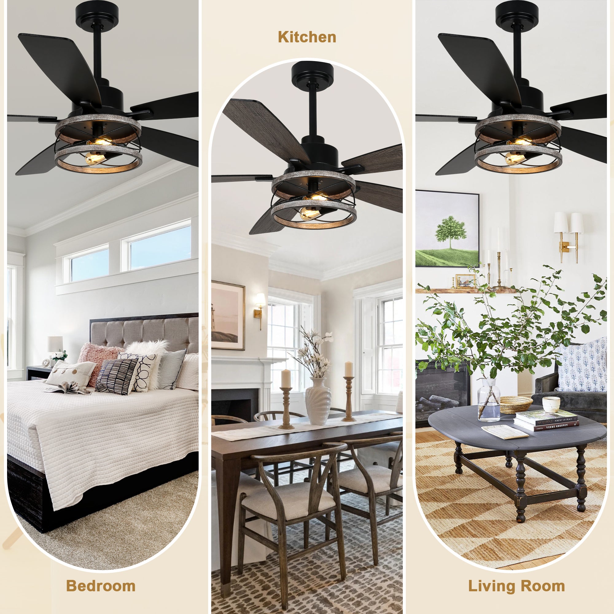 52 Inch Black Farmhouse Ceiling Fan with Lights and Remote Control, 6 Speeds DC Motor Reversible Caged Ceiling Fan