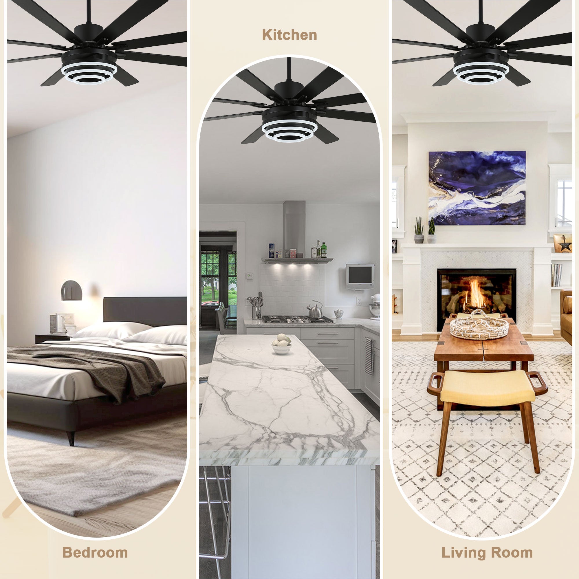 72 Inch Black/Gold/Chrome 8-Blade Modern Extra Large Ceiling Fan with LED Light and Remote, 6 Speeds DC Motor Reversible Ceiling Fan DIY Shade