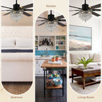 DC6502-BellaDepot 65" Black/Silver Finish Metal Crystal Wooden Reversible Ceiling Fan with Remote and 3 Lights, Large Size Ceiling Fan