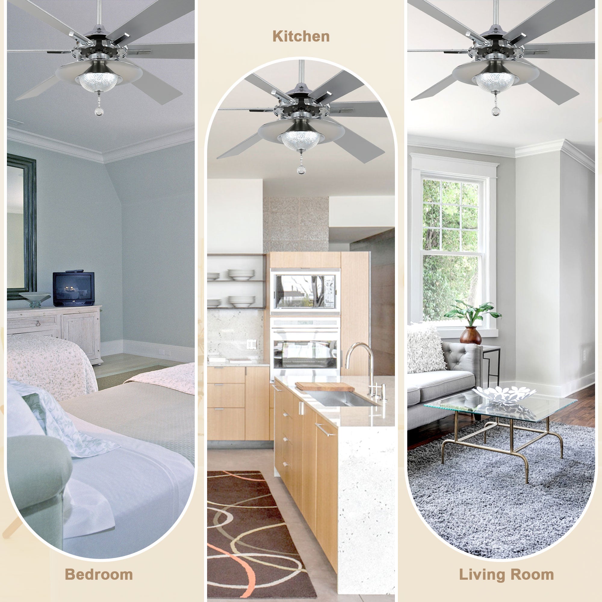 DC7204-BellaDepot 72" Silver/Black Finish Modern Urban Crystal Reversible Ceiling Fan with Remote and LED Light Kit, Large Size Ceiling Fan