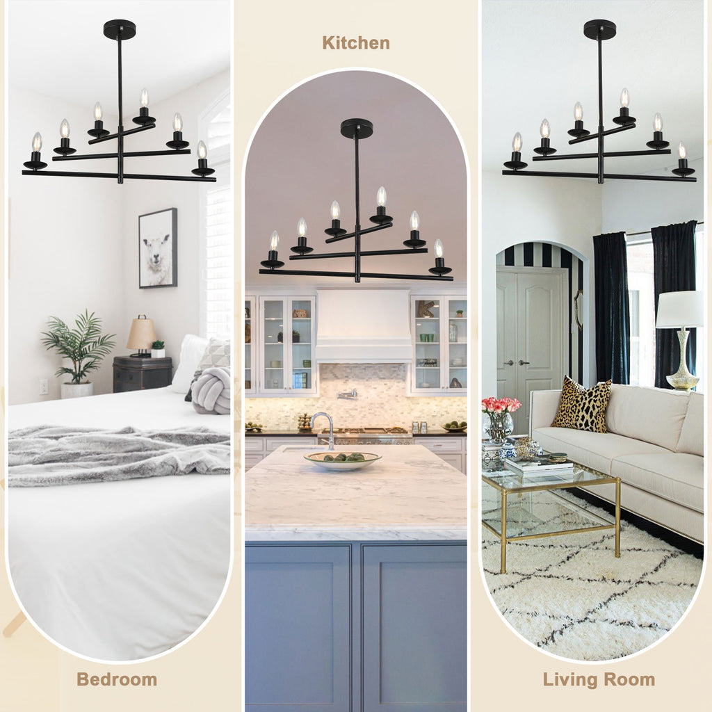 6 Lights Black/Chrome Finish Linear Industrial Chandelier, DIY Shape Linear Chandelier Dining Room Pendant Light