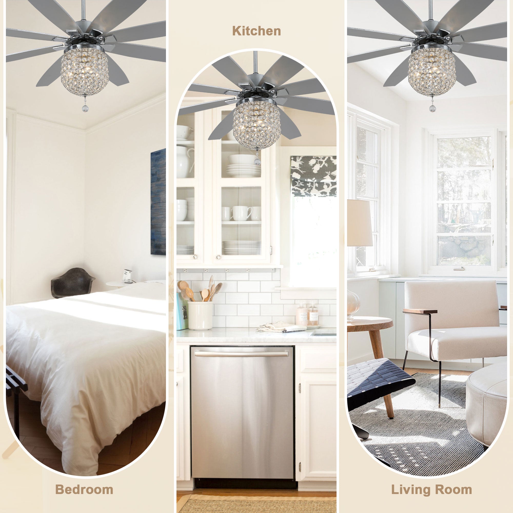 DC6504-BellaDepot 65" 8 Wooden Blades Silver Finish Crystal Reversible Ceiling Fan with Remote and 3 Lights, Large Size 6-speed Ceiling Fan