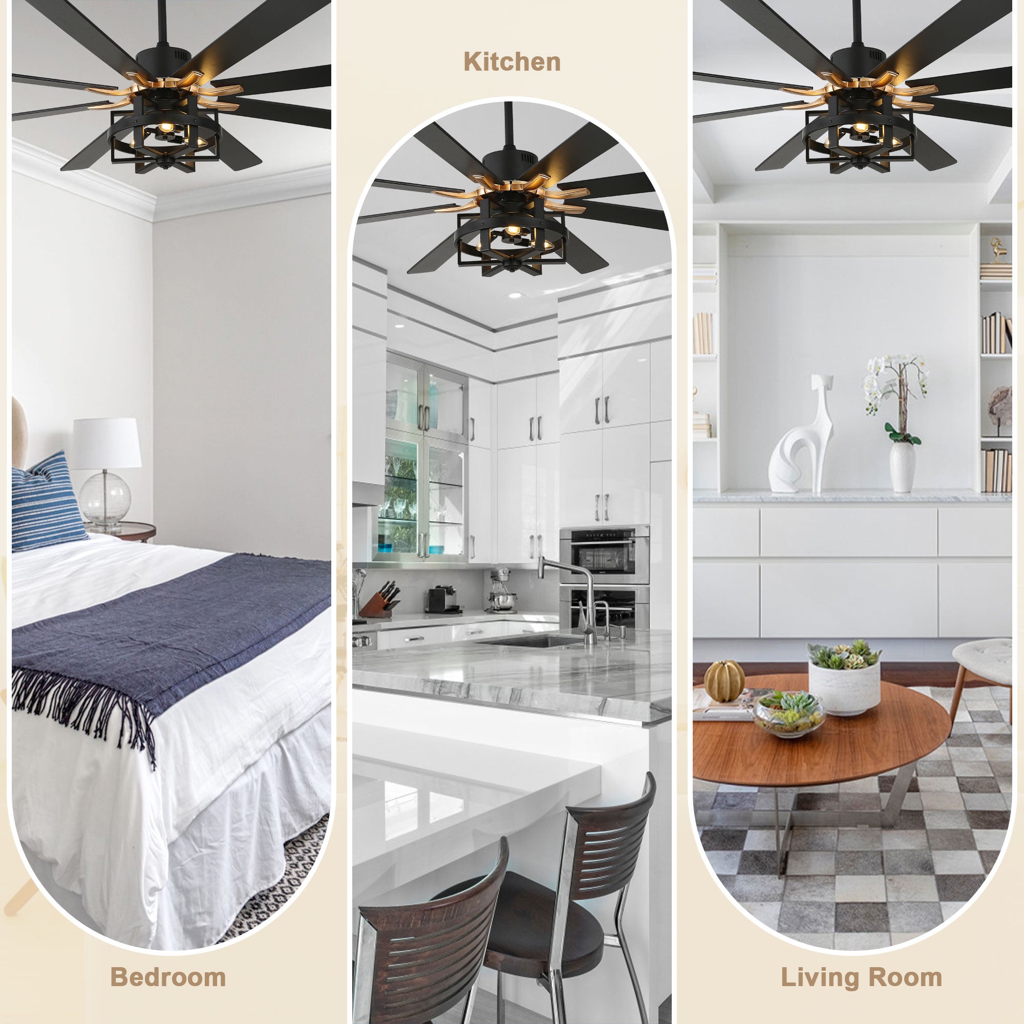 DC6501-BellaDepot 65" 8 Wooden Blades Black/Silver Finish Industrial Caged Reversible Ceiling Fan with Remote and 3 Lights, Large Size 6-speed Ceiling Fan