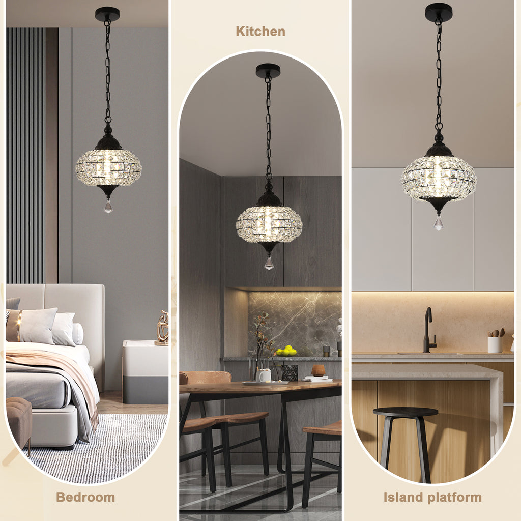 1 - Light Black/Chrome Globe Crystal Pendant Light with LED, 11.2" Dining Room Light Fixtures Kitchen Island Light
