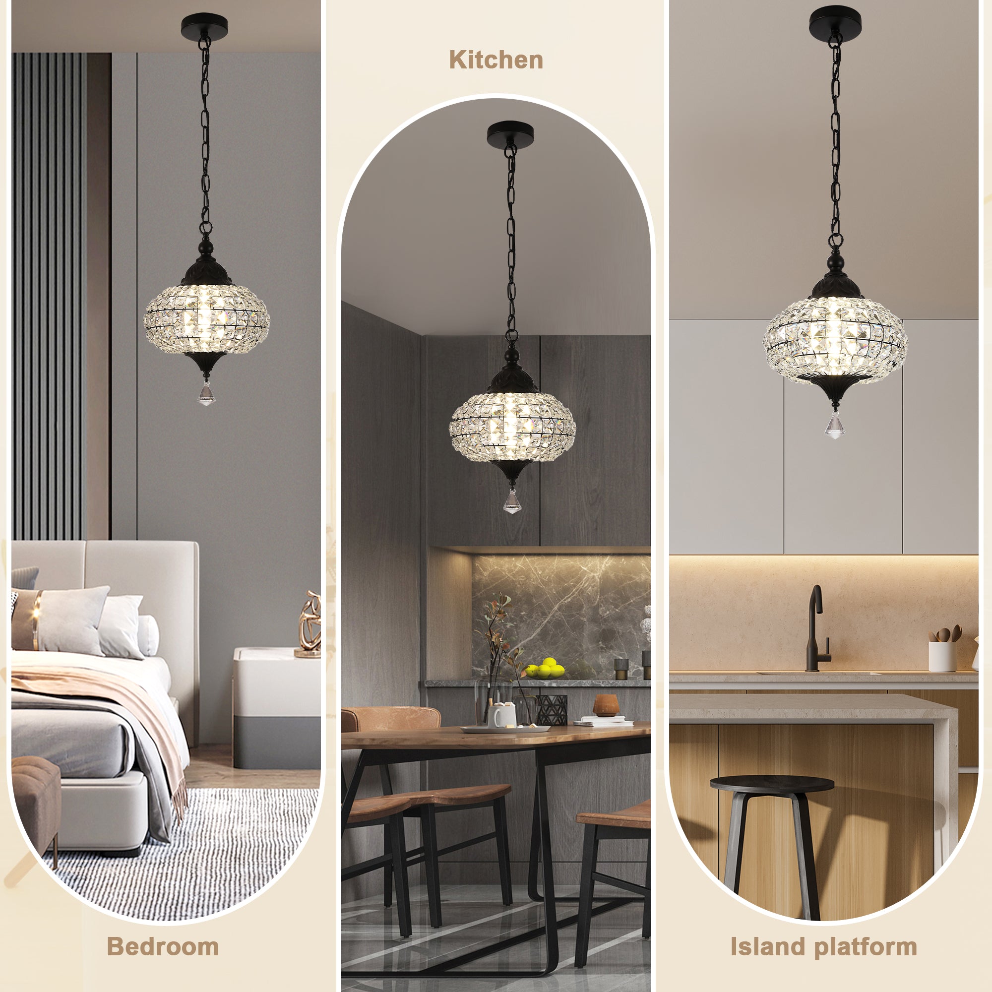 1 - Light Black/Chrome Globe Crystal Pendant Light with LED, 11.2" Dining Room Light Fixtures Kitchen Island Light