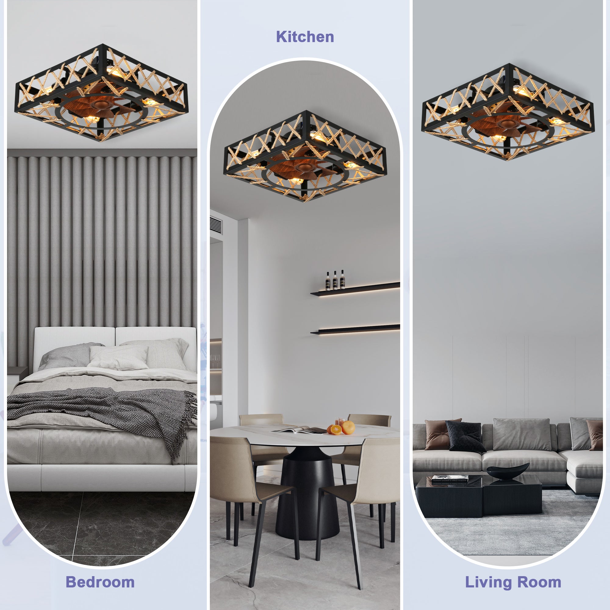 18 Inch Rectangular Industrial Farmhouse Flush Mount Ceiling Fan with Lights and Remote Control, 6 Speeds DC Motor Bladeless Ceiling Fan