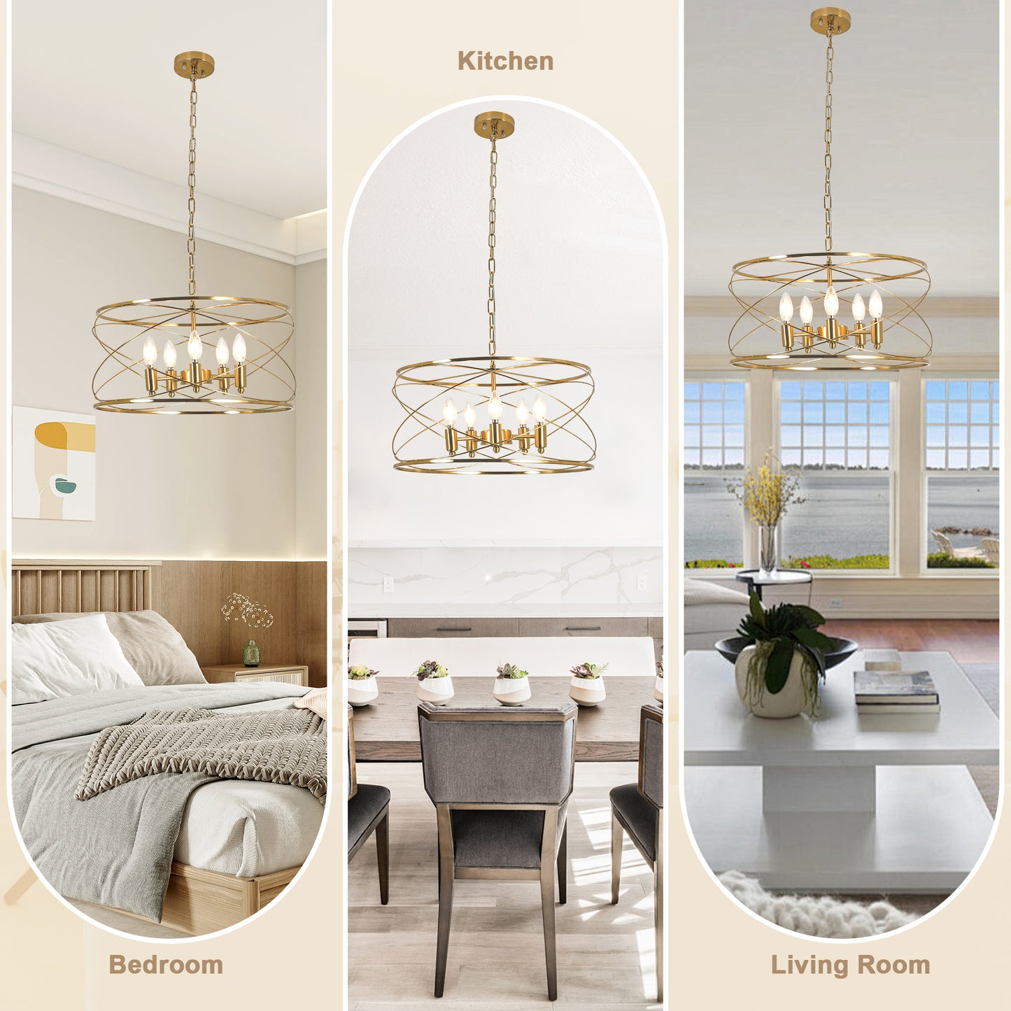 FC4089-Golden Modern Urban Linear Metal Caged Chandelier, Geometric Pendant Light, with Light Kit and Adjustable Chain