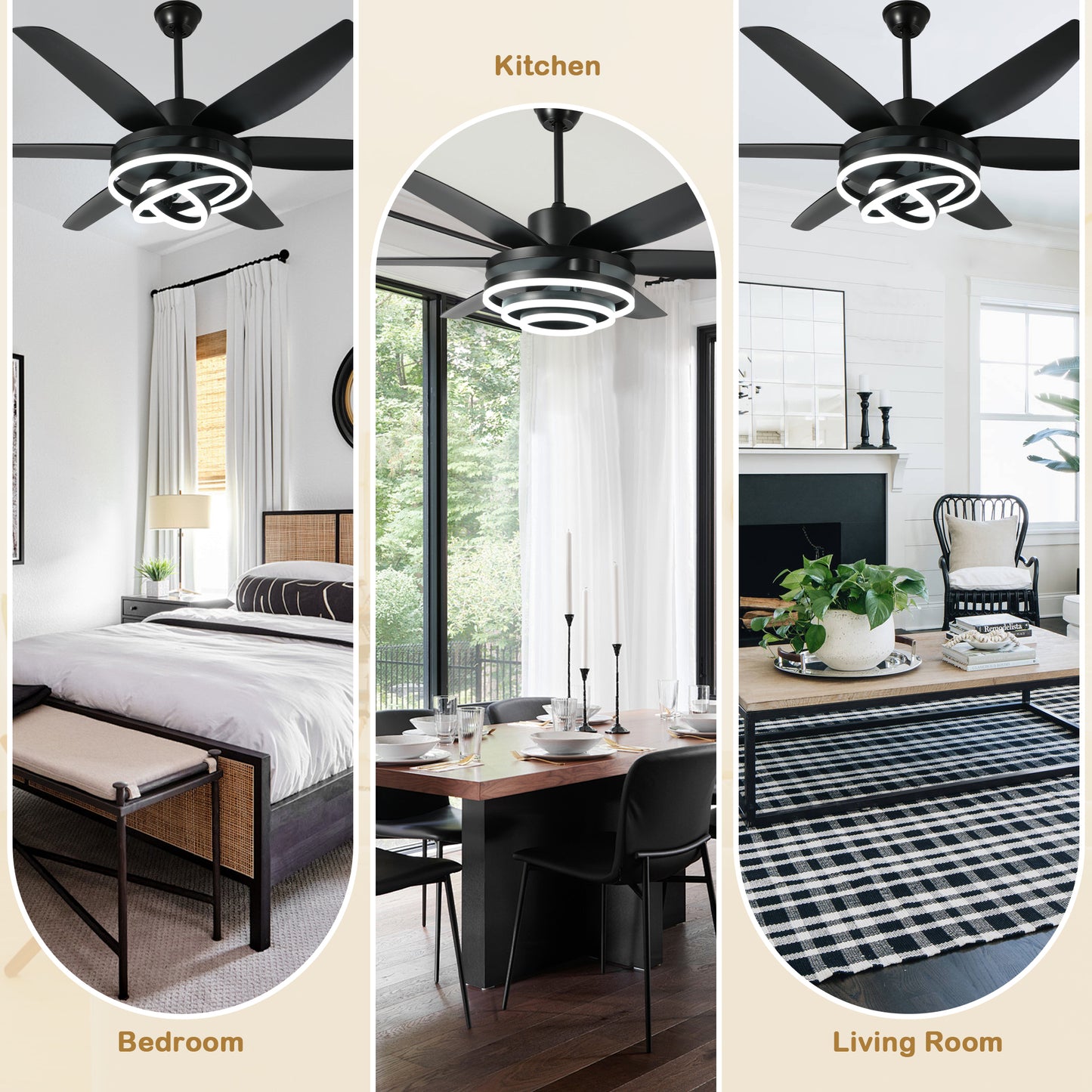 GED5614-BellaDepot 56" Modern Contemporary Black LED Ceiling Fan, 6 Speeds Ceiling Fan with Light Remote Control for All Seasons