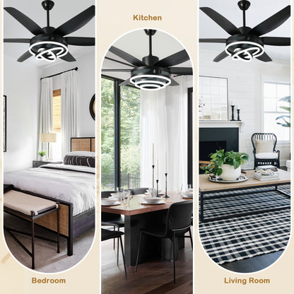 GED5614-BellaDepot 56" Modern Contemporary Black LED Ceiling Fan, 6 Speeds Ceiling Fan with Light Remote Control for All Seasons