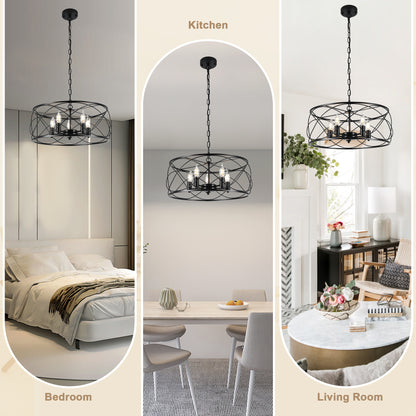 FC4076-Black/Silver Simple Linear Metal Caged Chandelier, Geometric Pendant Light, with Light Kit and Adjustable Chain