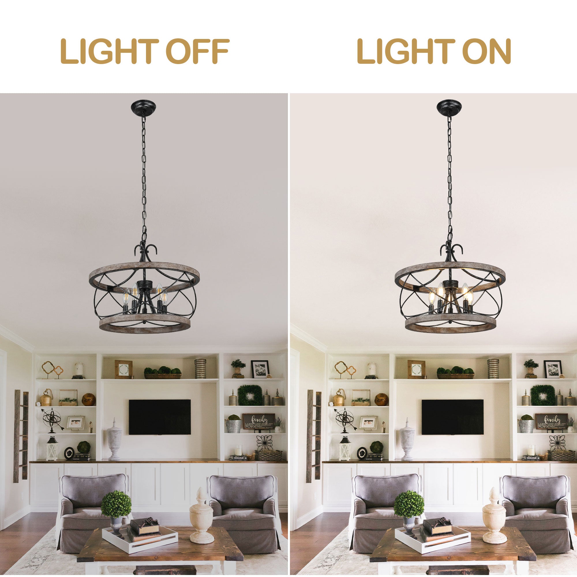 FC4065-Vintage Style Wooden Chandelier with Adjustable Chain and Candelabra Bulb Base