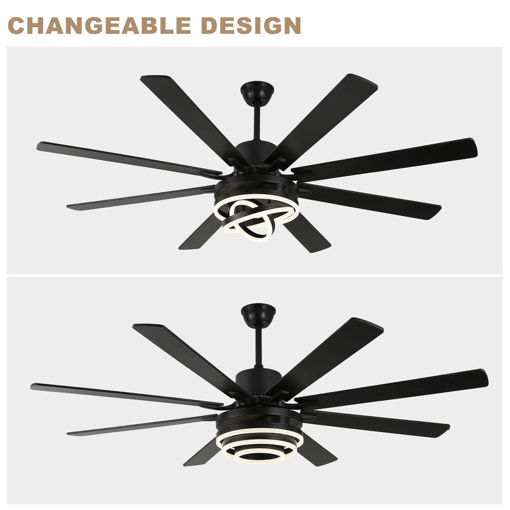 72 Inch Black/Gold/Chrome 8-Blade Modern Extra Large Ceiling Fan with LED Light and Remote, 6 Speeds DC Motor Reversible Ceiling Fan DIY Shade