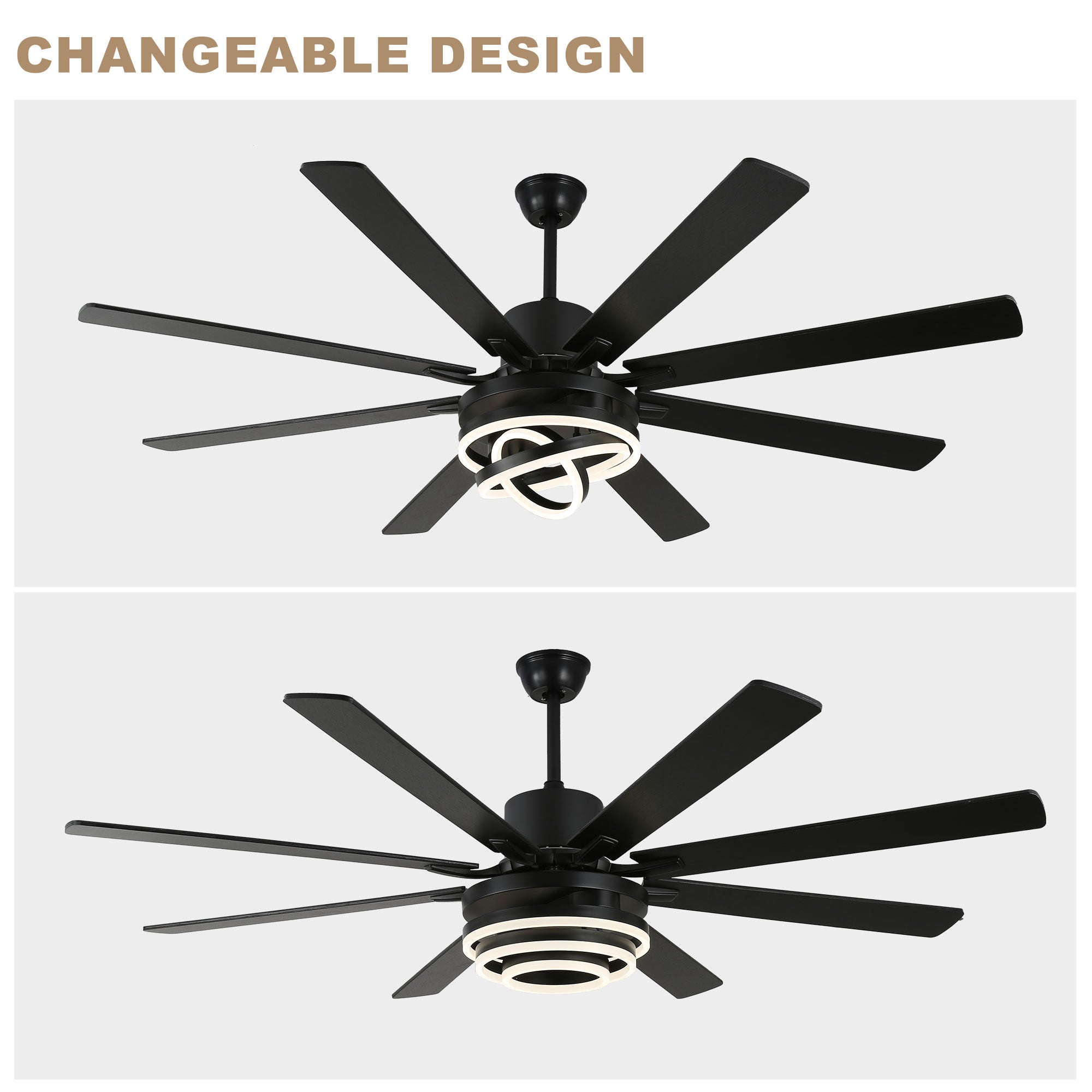 72 Inch Black/Gold/Chrome 8-Blade Modern Extra Large Ceiling Fan with LED Light and Remote, 6 Speeds DC Motor Reversible Ceiling Fan DIY Shade