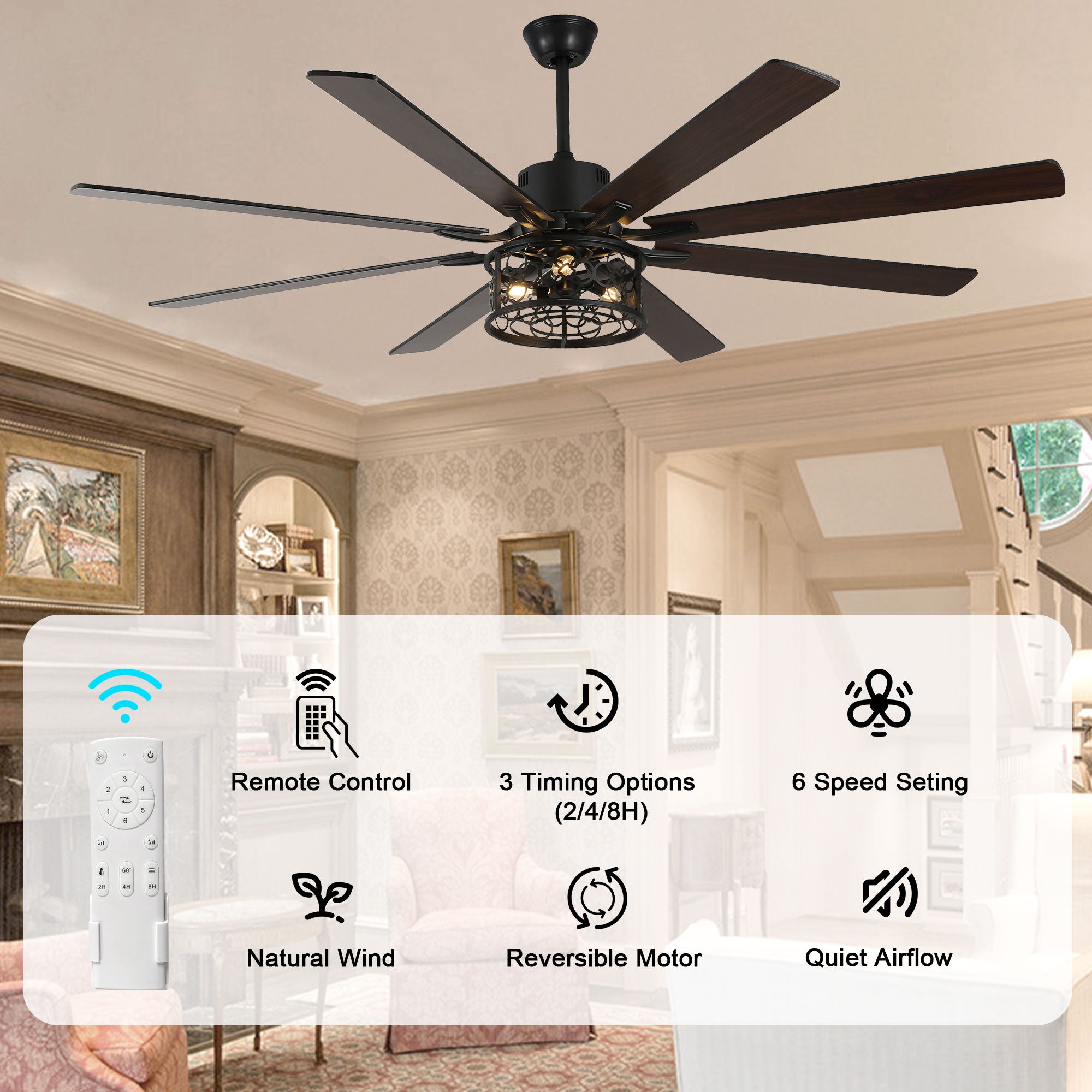 72 Inch 8-Blade Black/White Farmhouse Ceiling Fan with Lights and Remote, 6 Speeds DC Motor Reversible Extra Large Caged Ceiling Fan