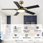 52 Inches Black and Gold Modern Ceiling Fan with LED Lights, 6 Speeds DC Motor Indoor Ceiling Fan for Large Room