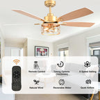 52 Inch Golden Modern Ceiling Fan with Lights and Remote Control, 6 Speeds DC Motor Reversible Ceiling Fan for Living Room