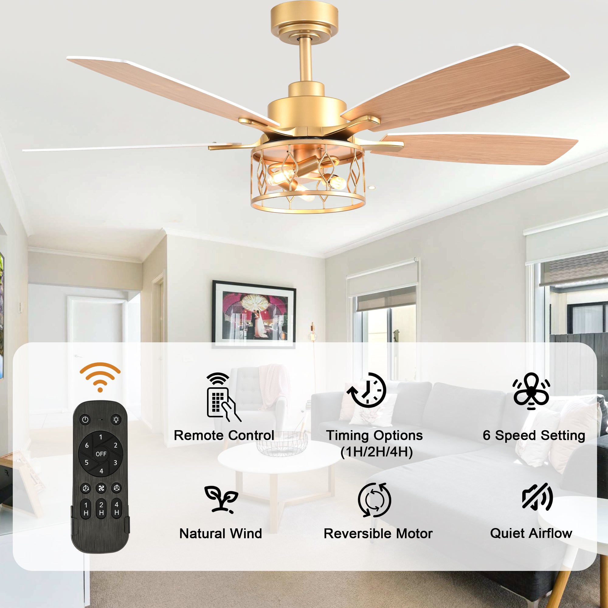 52 Inch Golden Modern Ceiling Fan with Lights and Remote Control, 6 Speeds DC Motor Reversible Ceiling Fan for Living Room