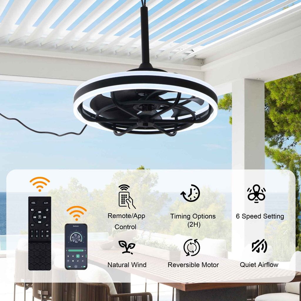 20 Inch Modern Smart Outdoor Caged Ceiling Fan with Dimmable LED Light, DC Motor 6 Speeds Waterproof Plug In Ceiling Fan