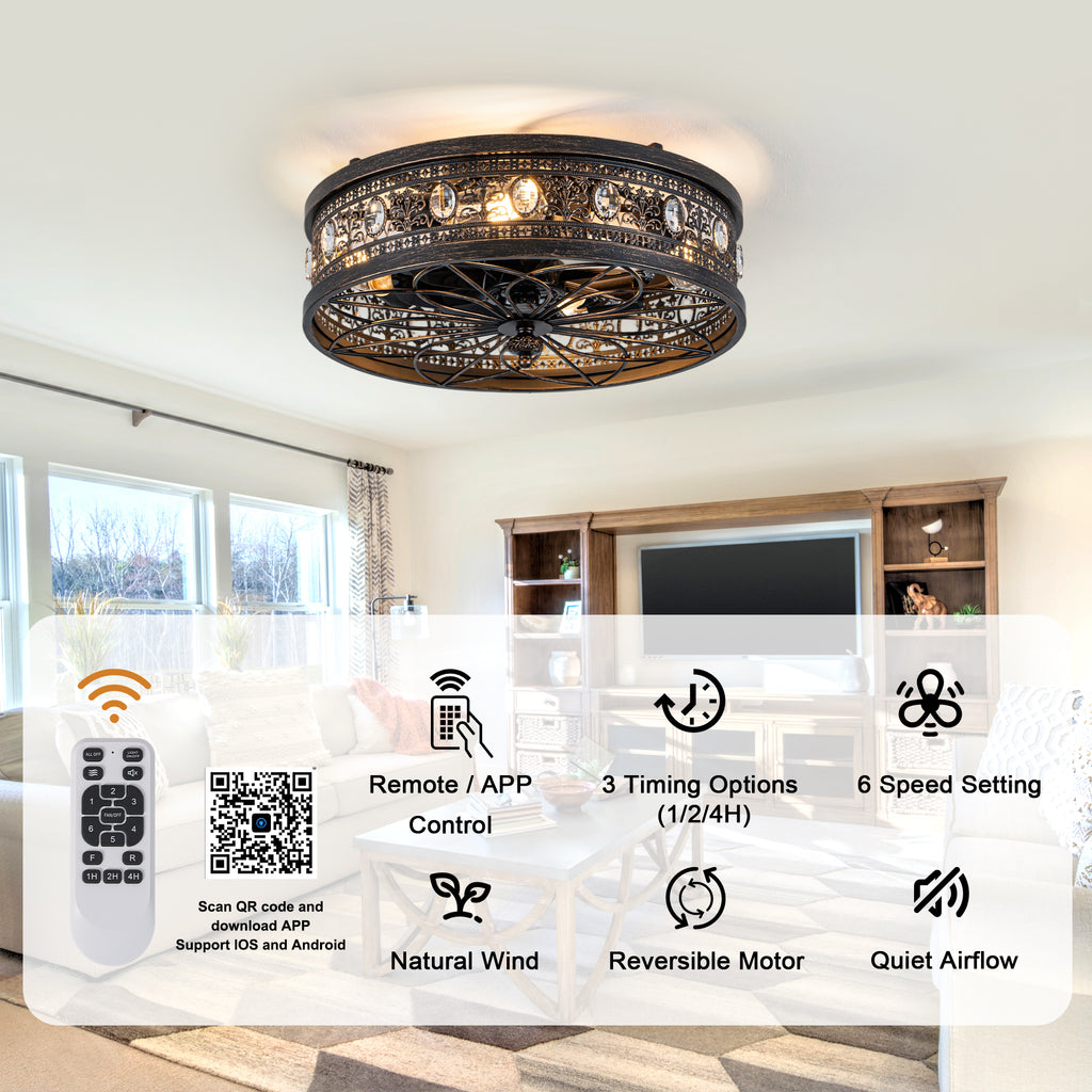 Retro 19 Inch Retractable Ceiling Fan with Light Reversible Quite DC Motor Ceiling Fan Remote APP Control Flush-Mount Fan with Light for Bedrooms, Living Rooms, Kitchens