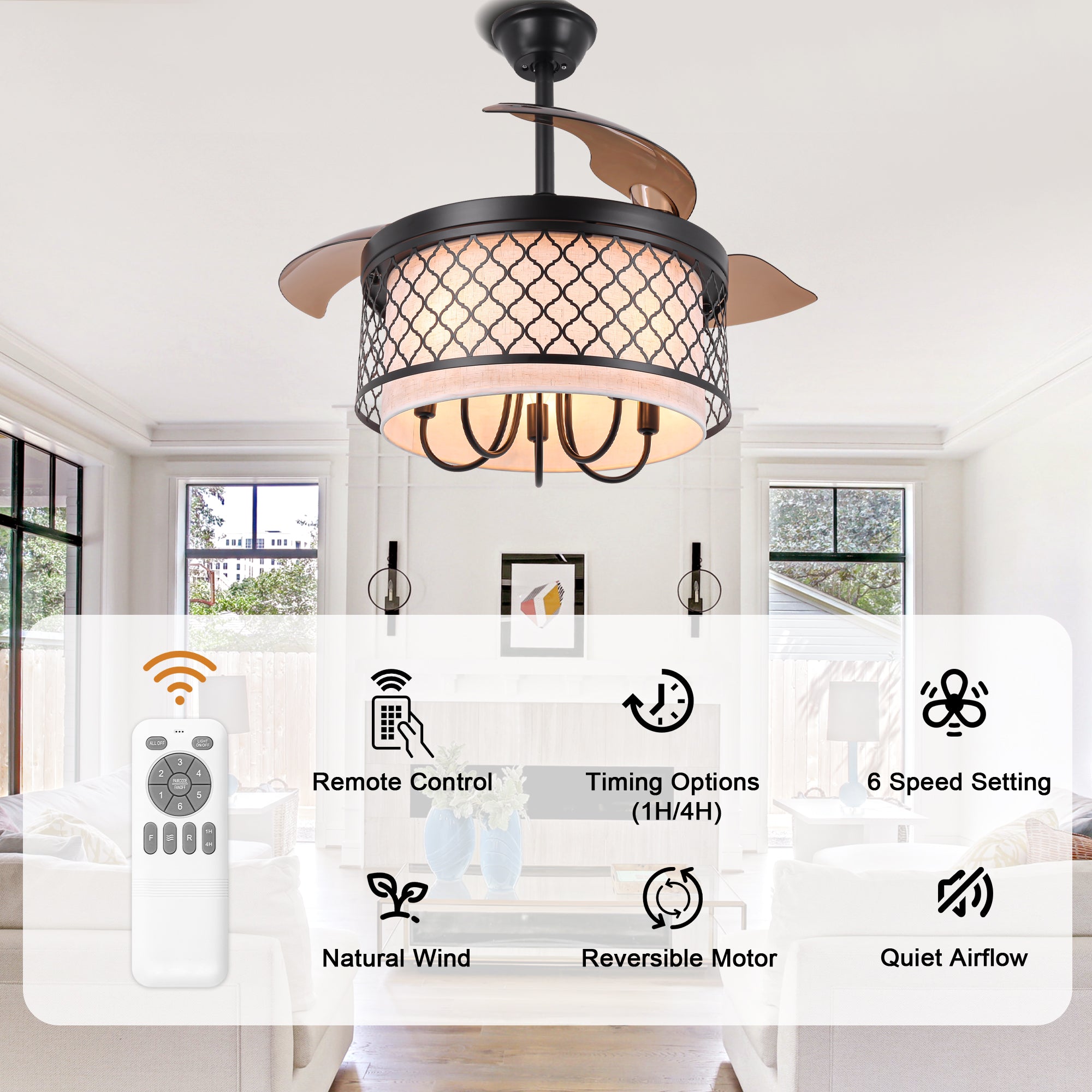 42 Inch Farmhouse Retractable Ceiling Fan with Lights and Remote Control, 6 Speeds DC Motor Bladeless Ceiling Fan for Bedroom