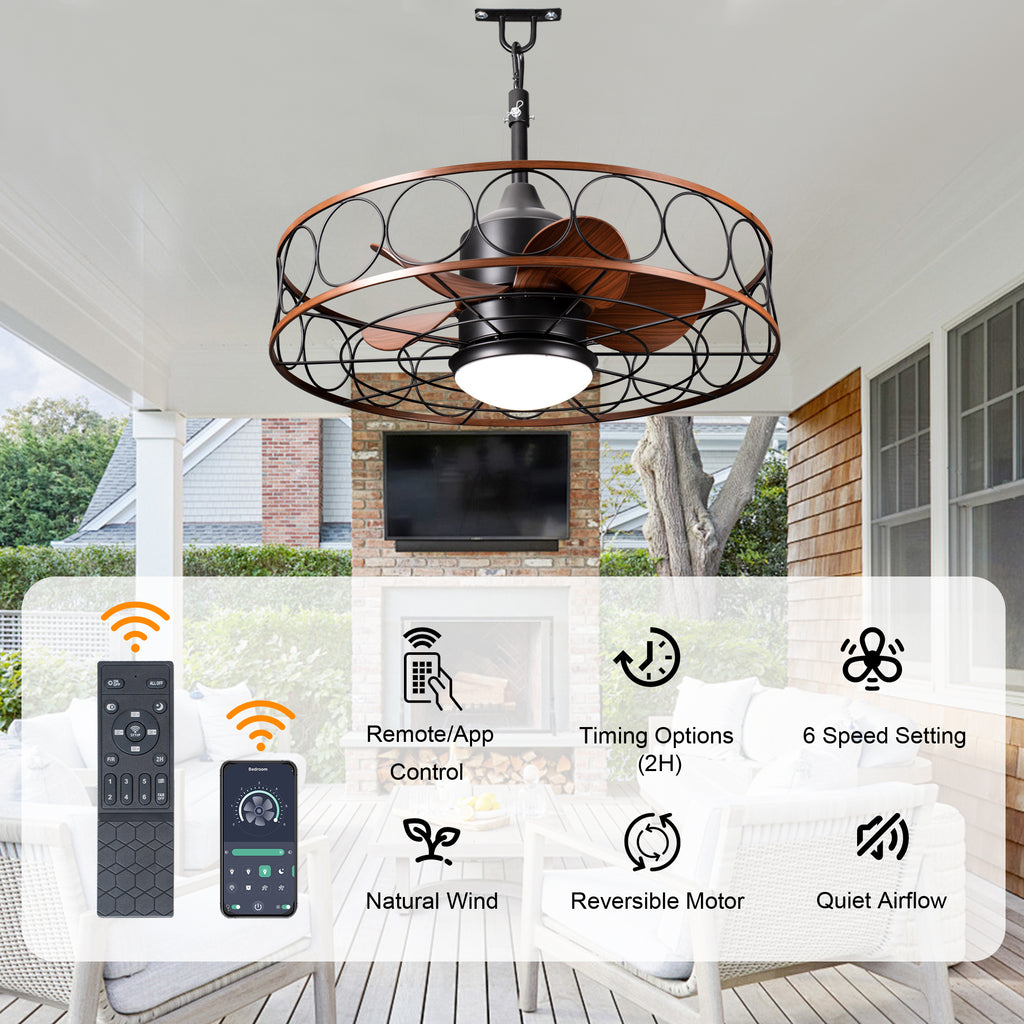 24 Inch Industrial Farmhouse Outdoor Caged Ceiling Fan with LED Lights and Remote, 6 Speed DC Motor Patio Ceiling Fan Waterproof