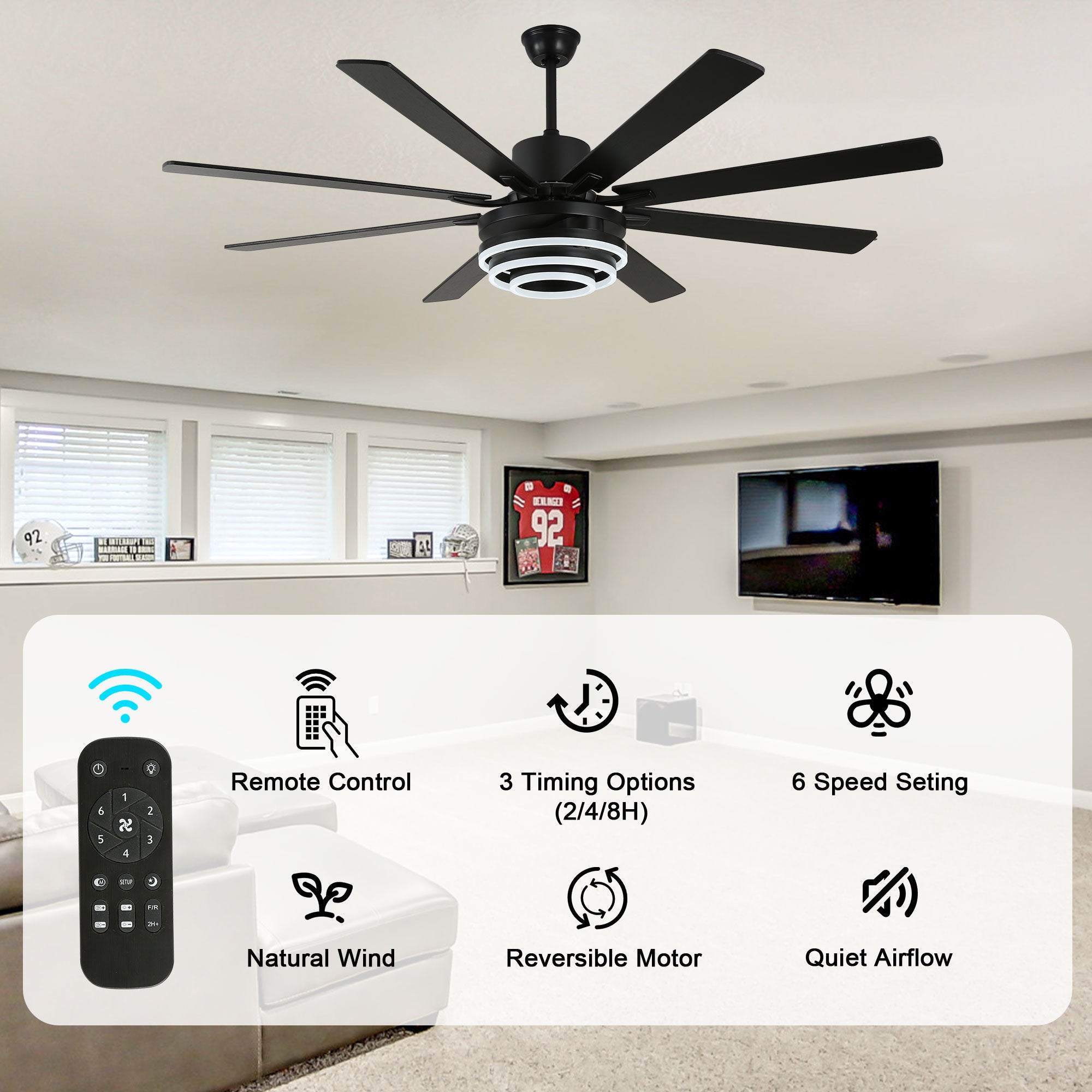 72 Inch Black/Gold/Chrome 8-Blade Modern Extra Large Ceiling Fan with LED Light and Remote, 6 Speeds DC Motor Reversible Ceiling Fan DIY Shade